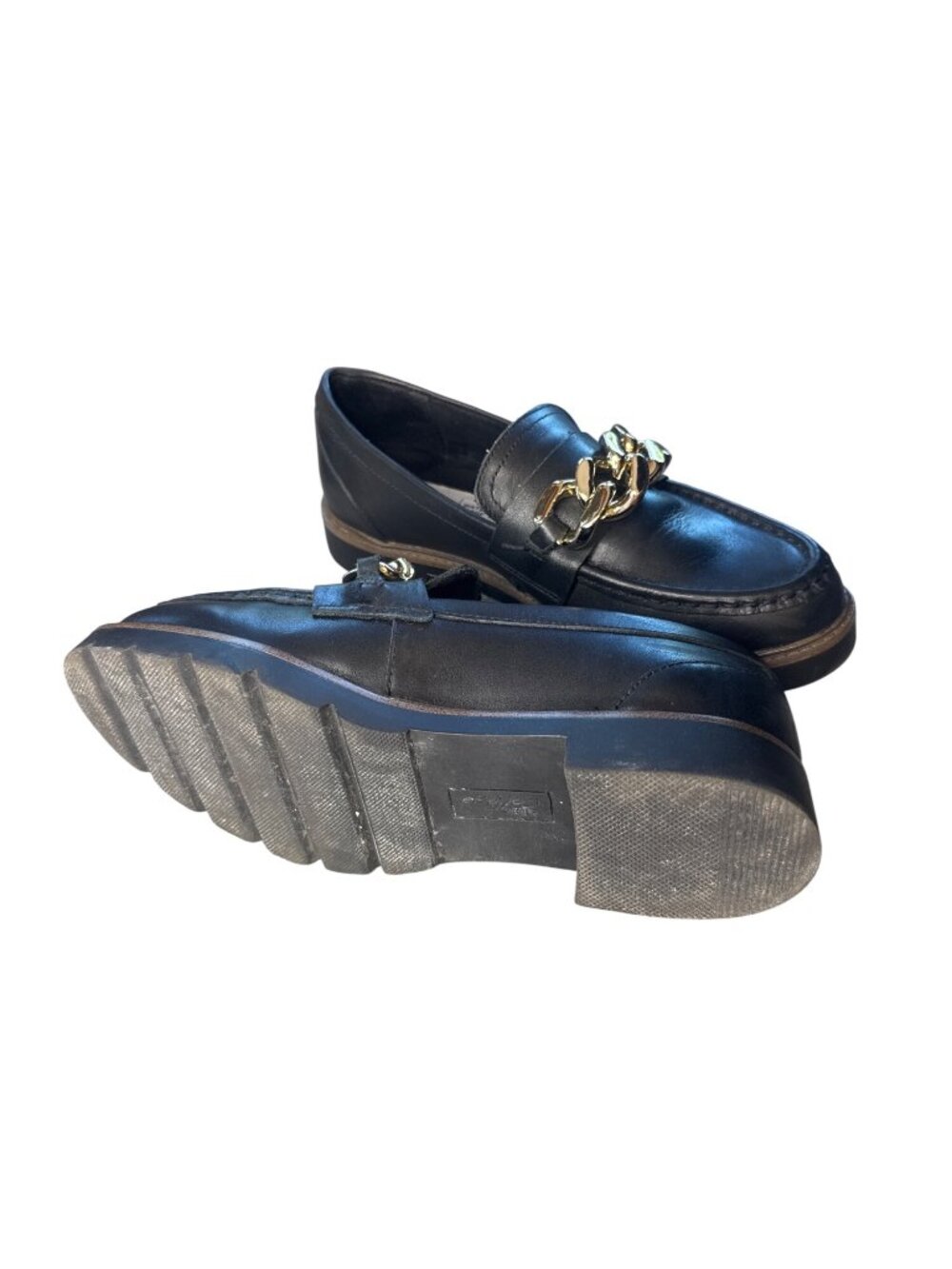 Aqua College Black Leather Loafer Gold Chain Lug Sole Size 7 Waterproof - Picture 3 of 6
